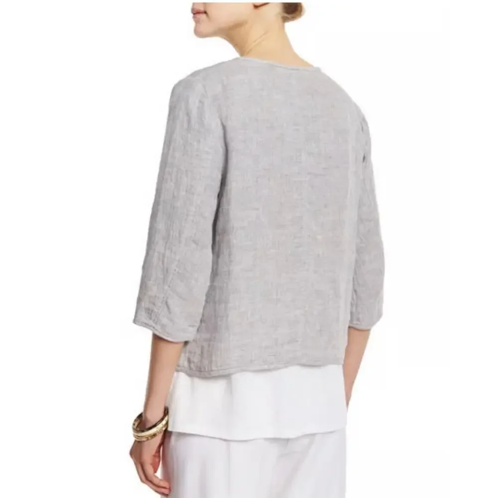 Eileen Fisher Open Front Gray 3/4 Sleeve Linen Cotton Jacket Size Petite Small